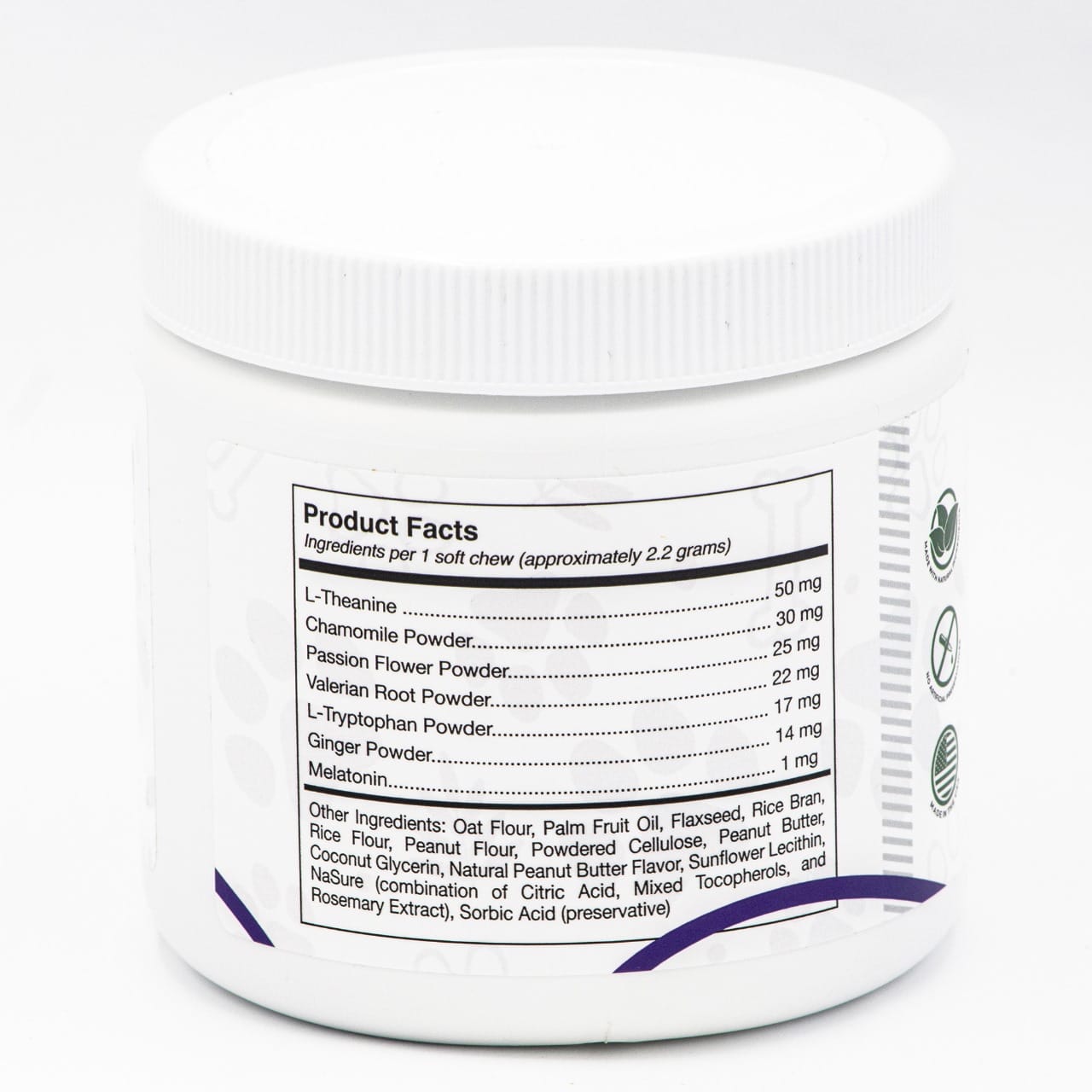 Calming chews jar back with Product Facts ingredient panel