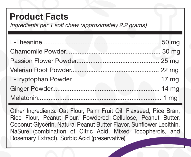 Product Facts label listing ingredients per soft chew for calming chews