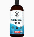 Brown fish oil supplement bottle for dogs with Skin & Coat label, dropper cap