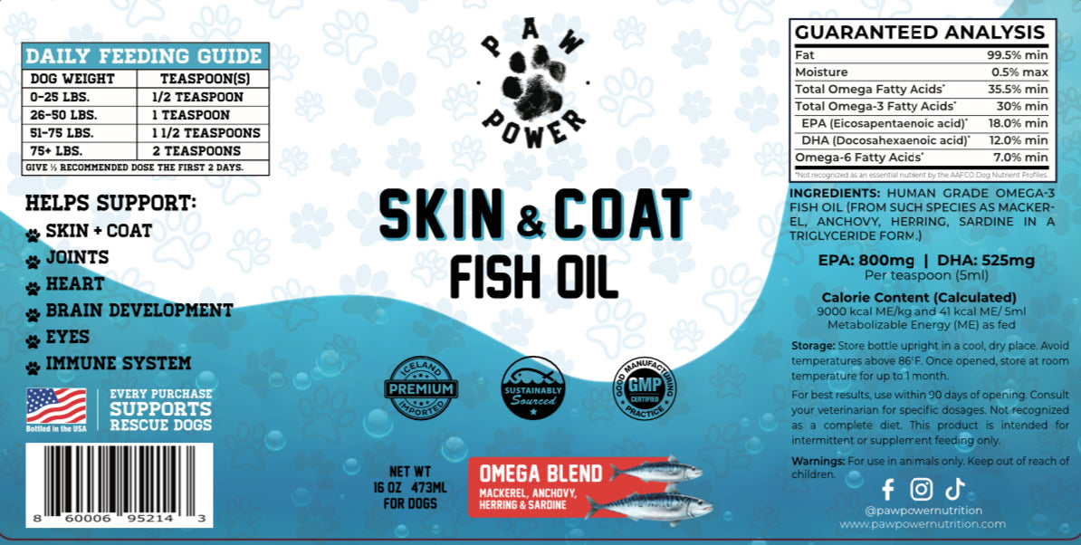 Skin & Coat fish oil supplement label with daily feeding guide and guaranteed analysis