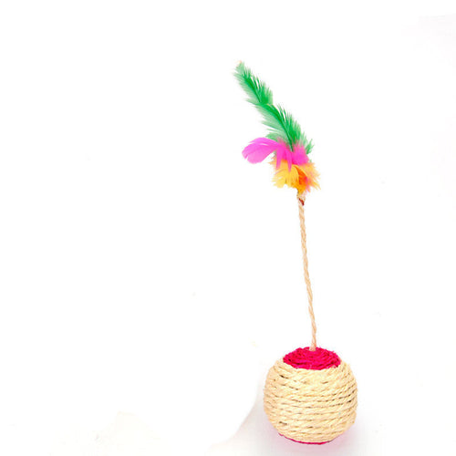Sisal shuttlecock cat toy with cream sisal ball and multicolor feather tuft on string