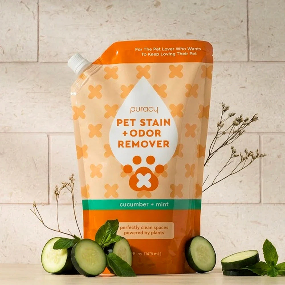 Cucumber-mint pet stain odor remover refill pouch with orange and beige label