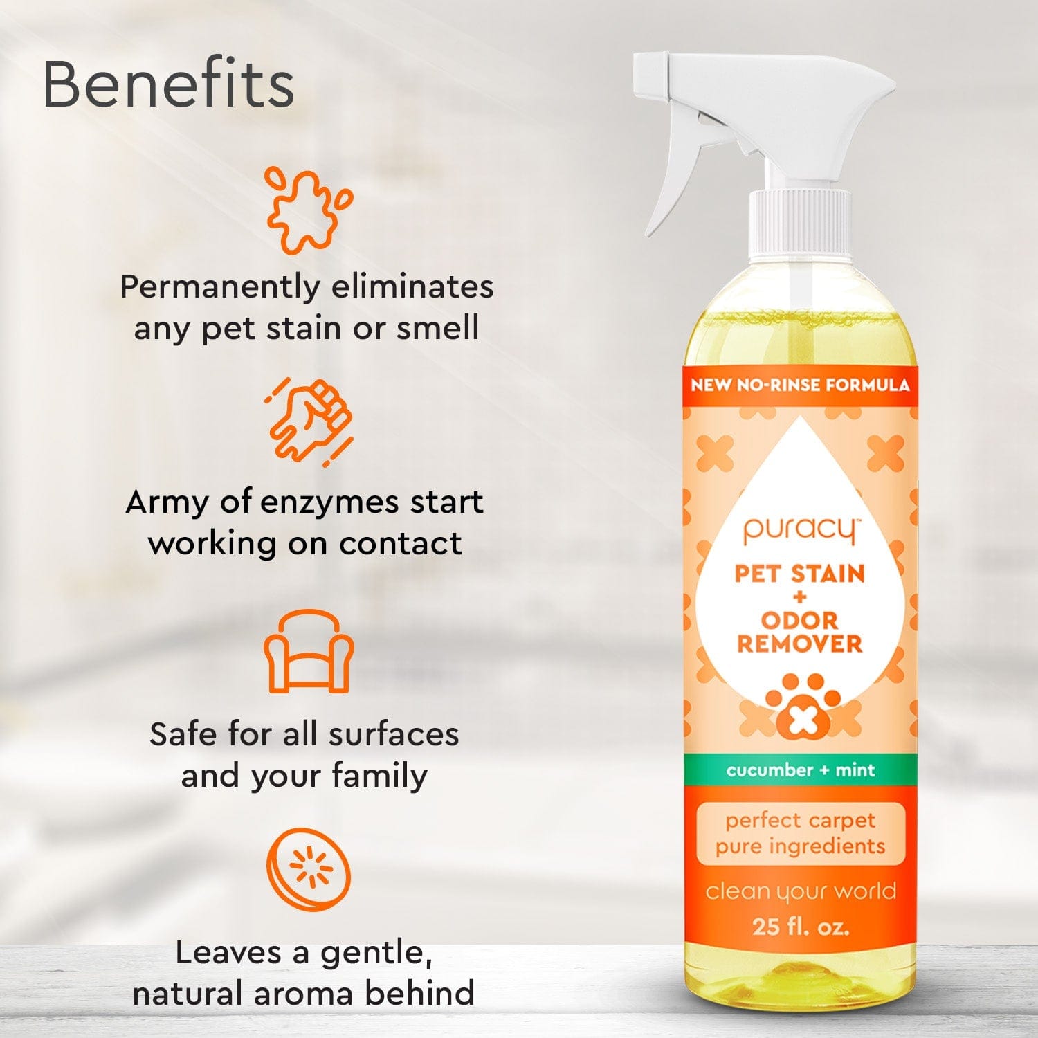 Orange pet stain odor remover spray bottle with trigger top and cucumber-mint scent