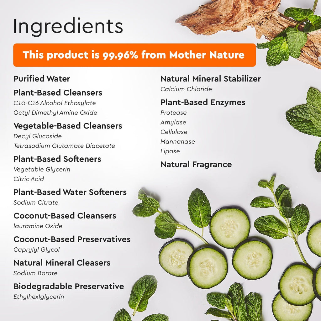 Ingredients panel with plant-based enzymes, mint leaves, and cucumber slices
