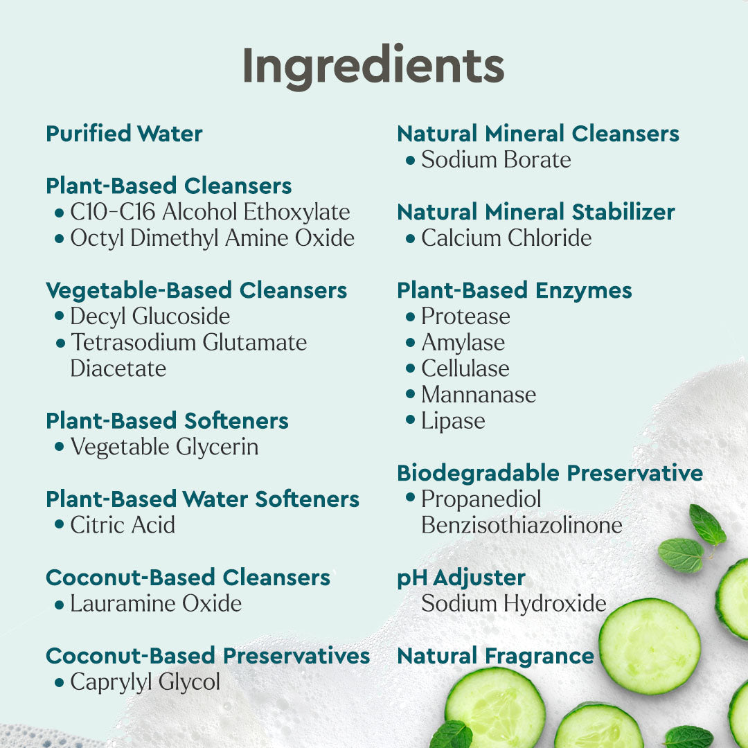 Ingredients list panel with enzymes, stabilizer, and natural fragrance