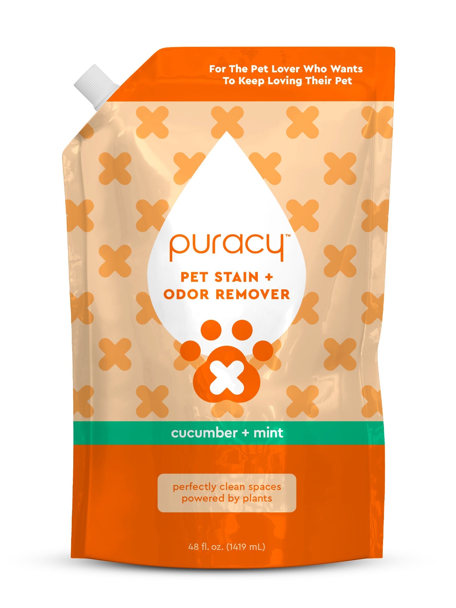 puracy pet stain & odor remover pouch, cucumber & mint (front)