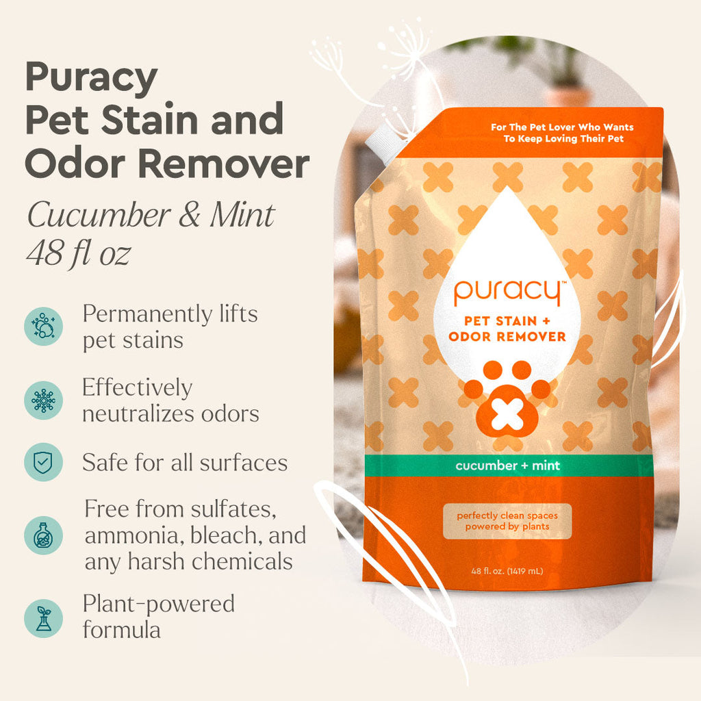 puracy pet stain & odor remover pouch with cucumber & mint label