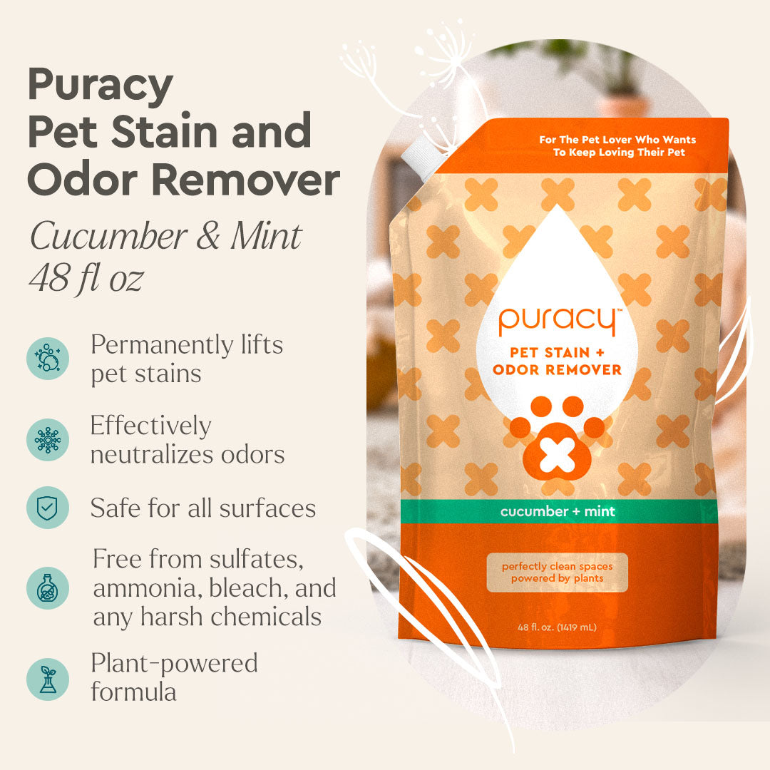 puracy pet stain & odor remover pouch with cucumber & mint label