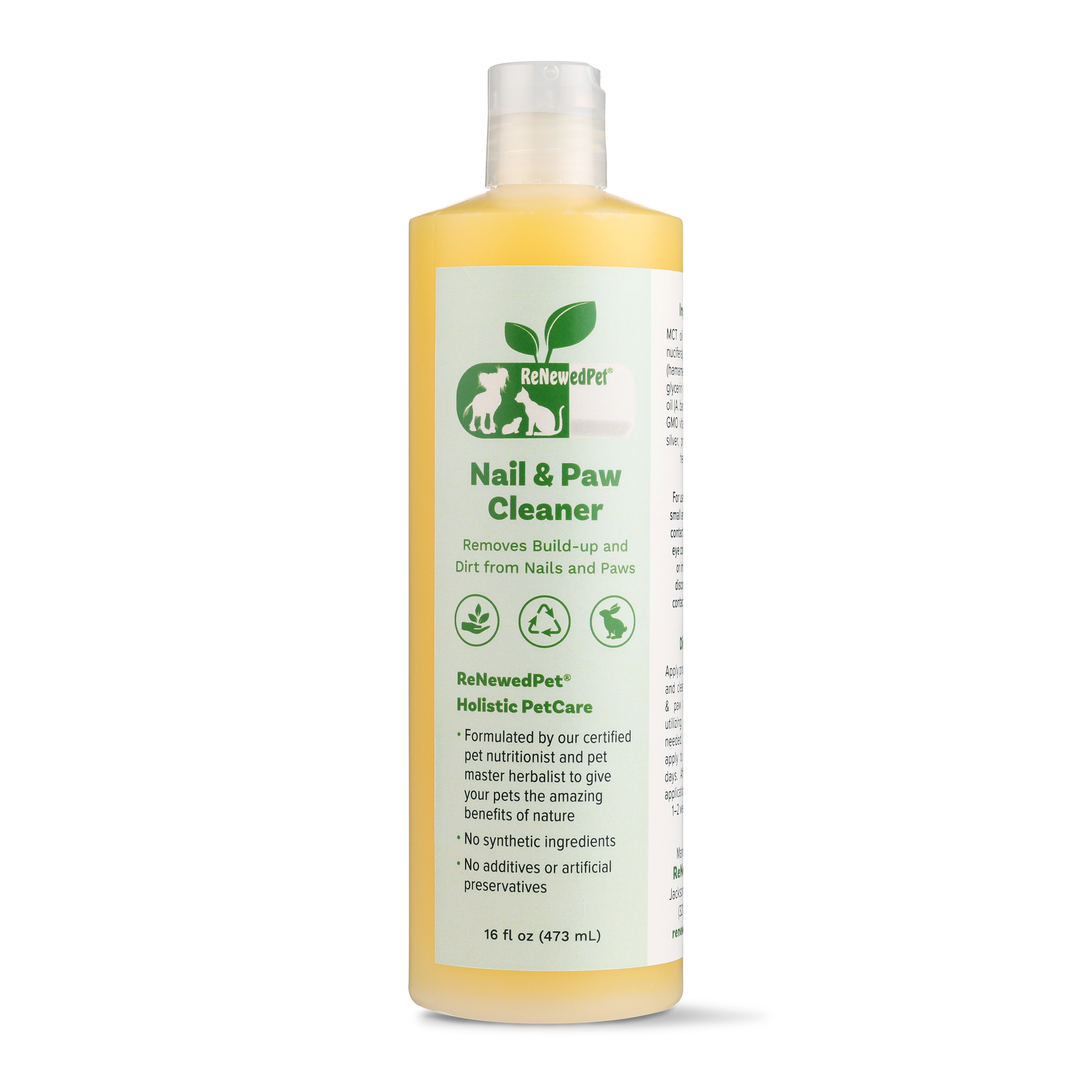Nail & Paw Cleaner bottle with green label and yellow liquid, pump-style cap