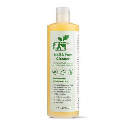 Nail & Paw Cleaner bottle with green label and yellow liquid, pump-style cap