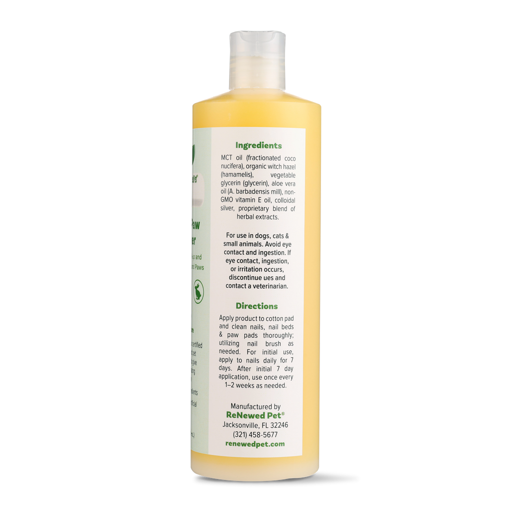 Nail & Paw Cleaner bottle back label with ingredients and directions, yellow liquid