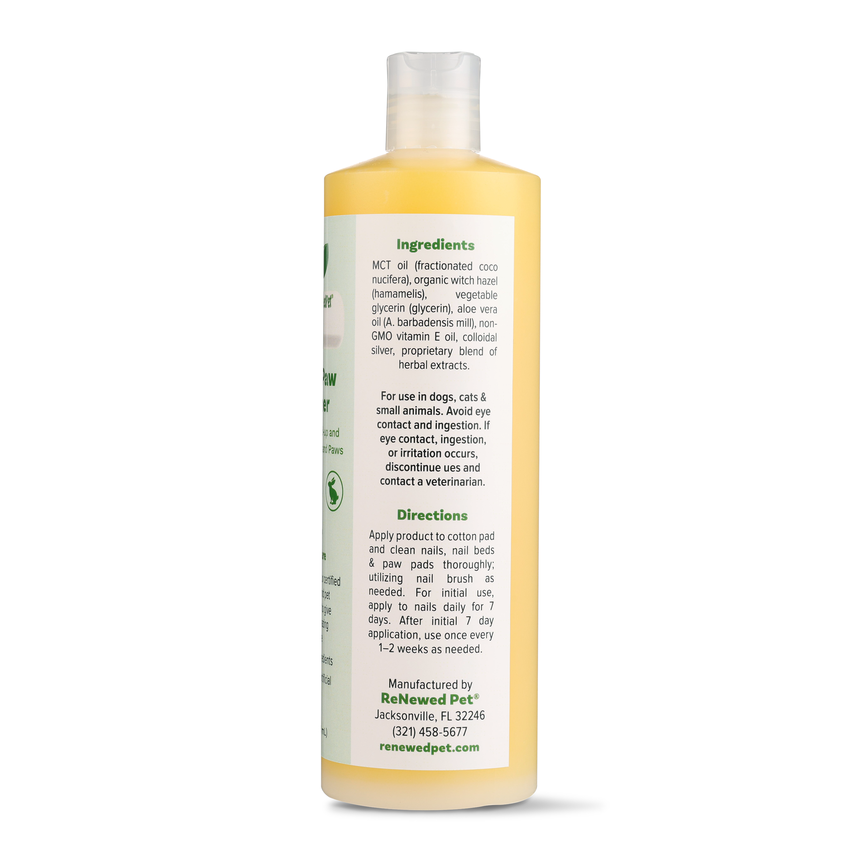 Nail & Paw Cleaner bottle back label with ingredients and directions, yellow liquid