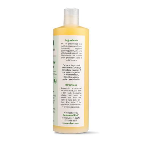 Nail & Paw Cleaner bottle back label with ingredients and directions, yellow liquid