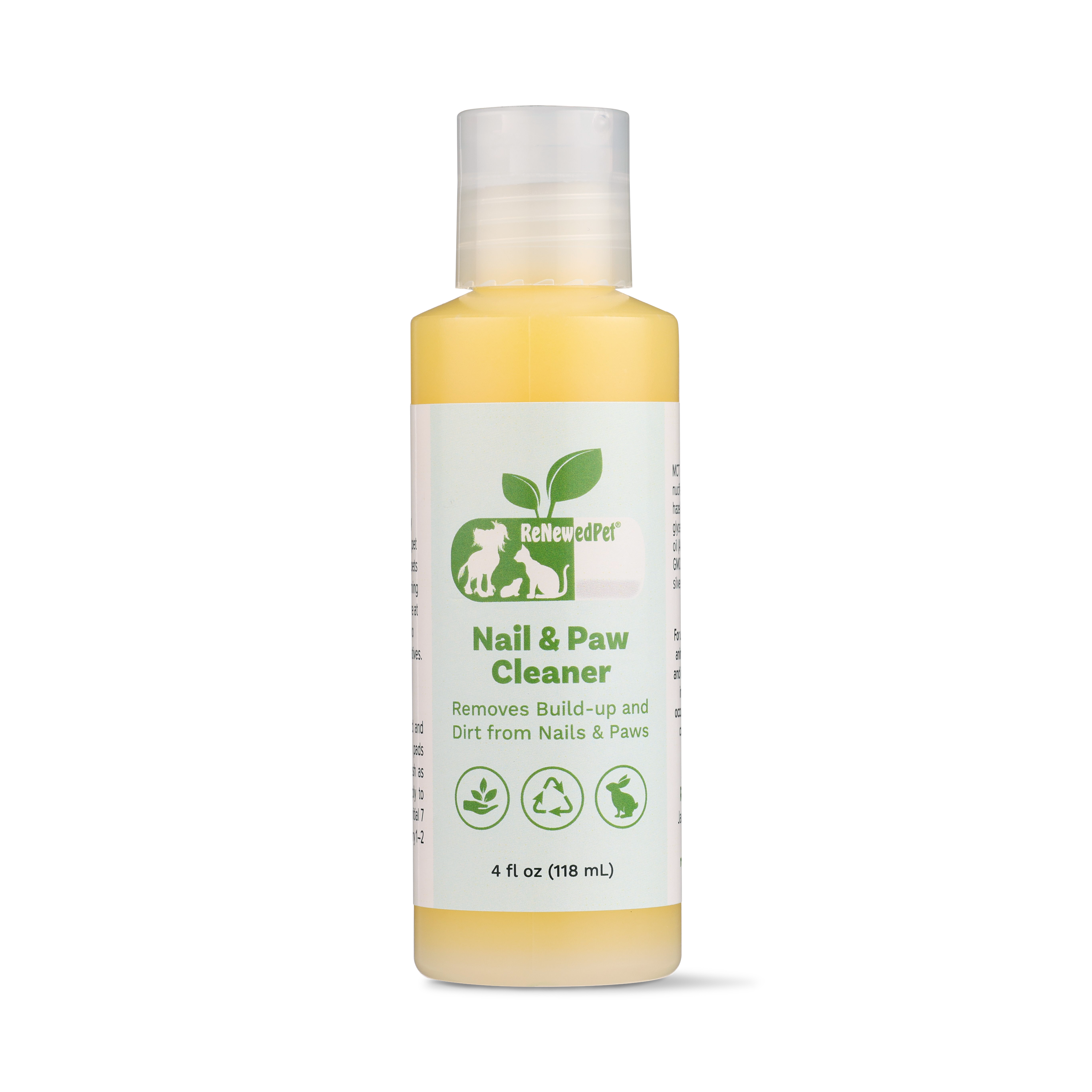 Nail & Paw Cleaner bottle with green label and “4 fl oz (118 mL)” text, yellow liquid