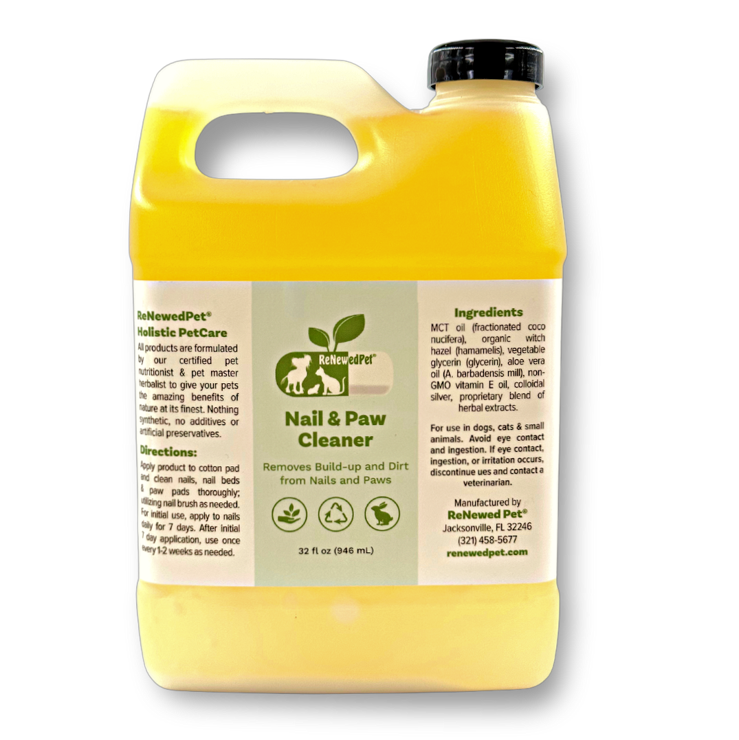 Large Nail & Paw Cleaner bottle with carry handle and back label, yellow liquid