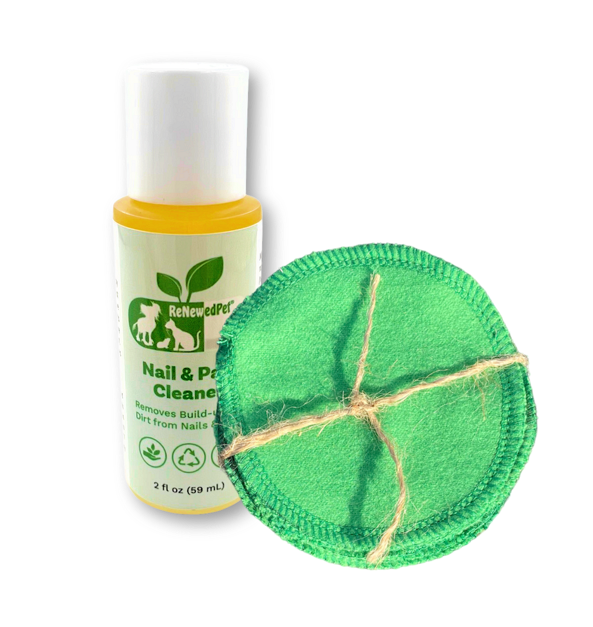 Nail & Paw Cleaner bottle with green reusable cotton pad for paws, yellow liquid