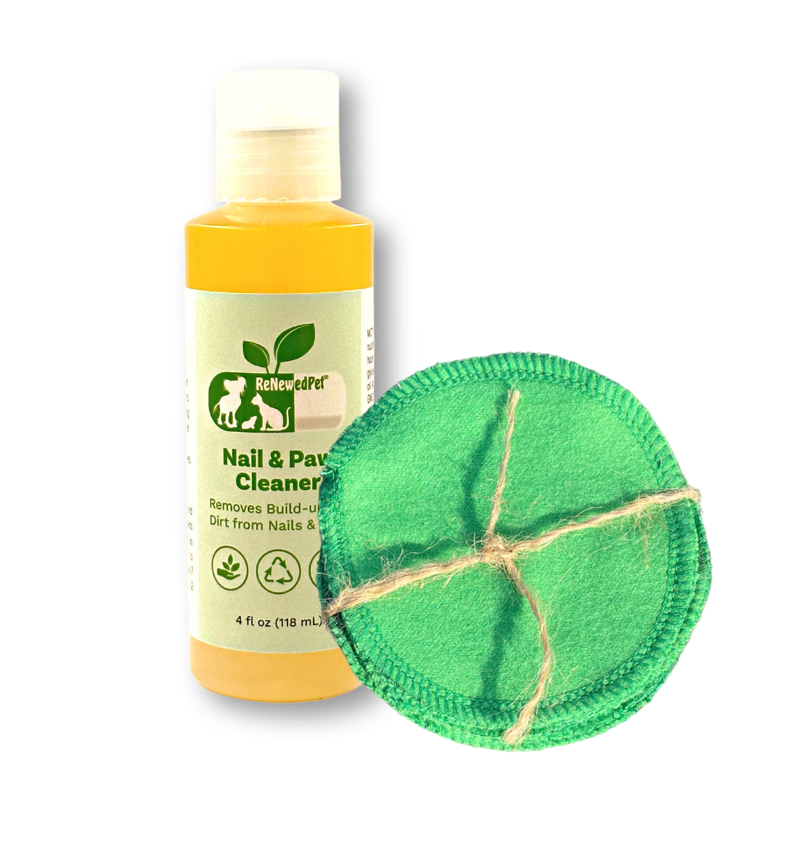 Nail & Paw Cleaner bottle with green reusable cotton pad, front label visible