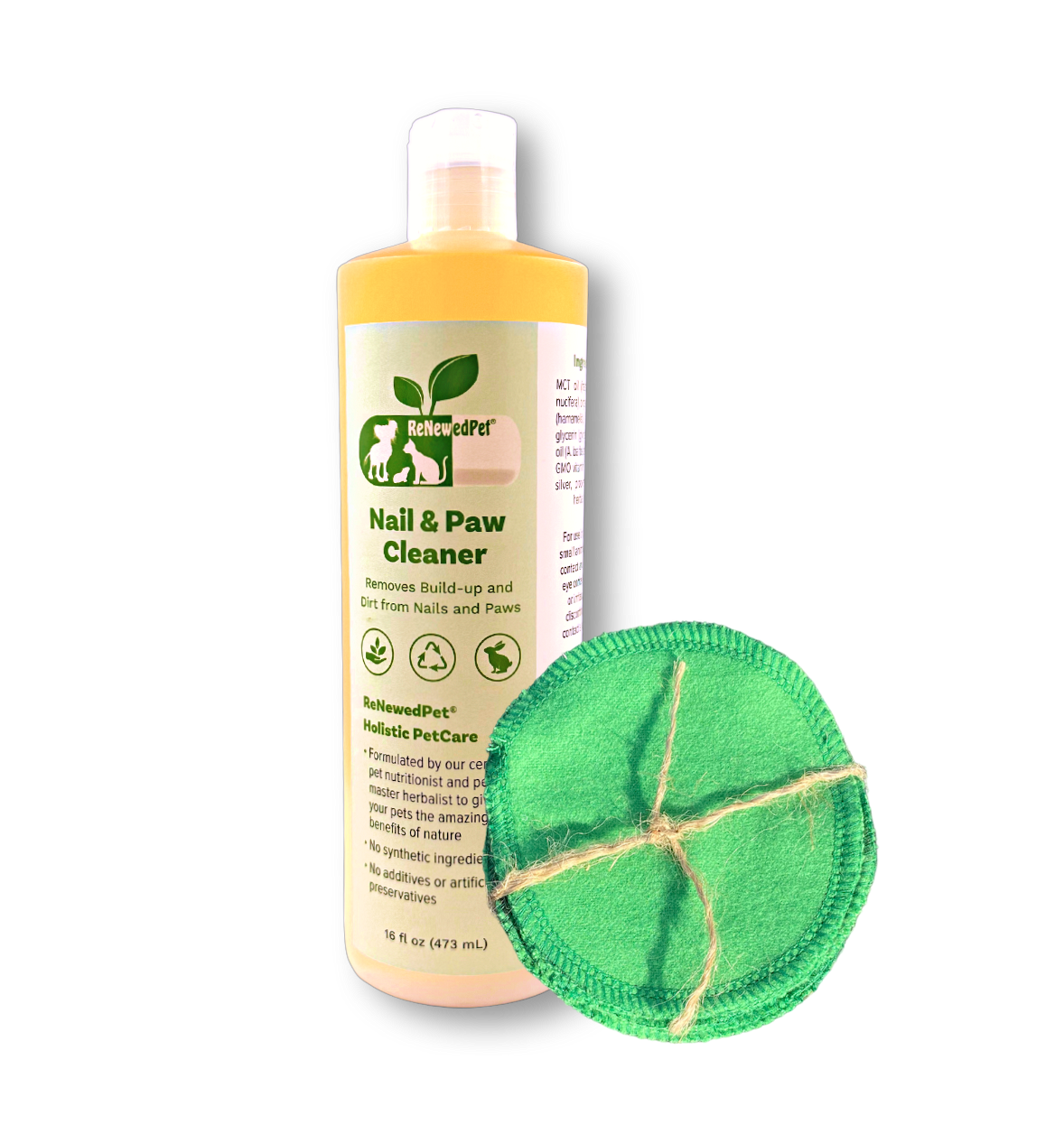 Nail & Paw Cleaner bottle and green reusable cotton pad, back label text visible
