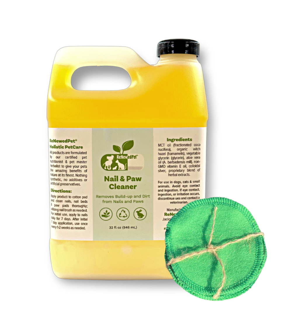Large Nail & Paw Cleaner jug with carry handle and green reusable cotton pad