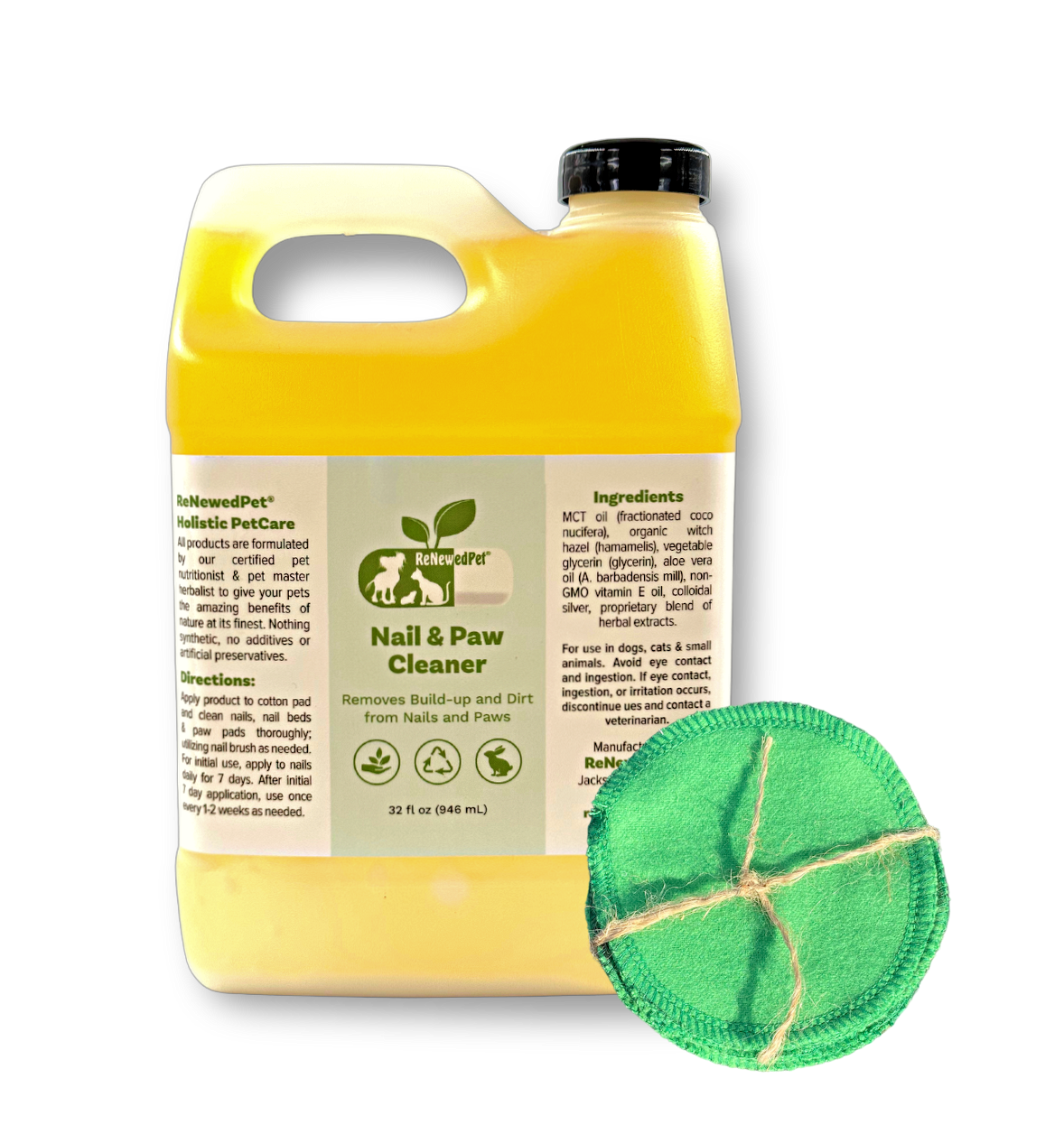 Large Nail & Paw Cleaner jug with carry handle and green reusable cotton pad