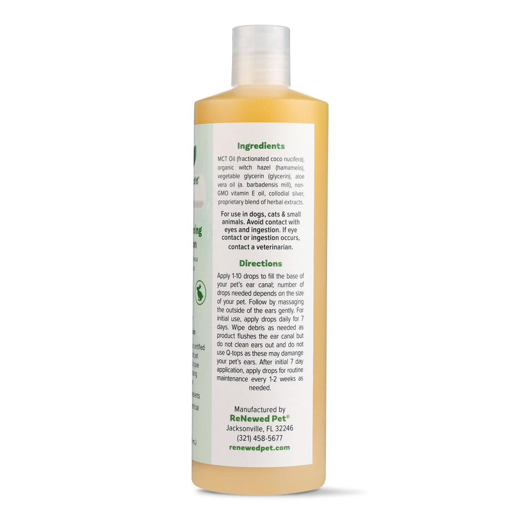 Amber pet ear cleaning solution bottle back label, RenewedPet