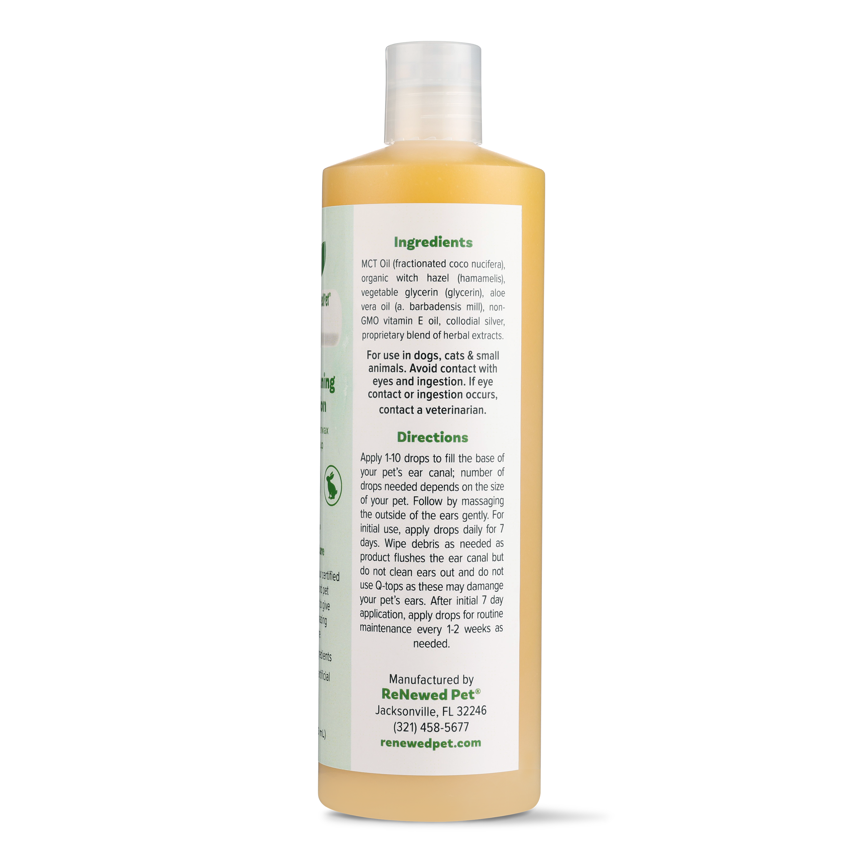 Amber pet ear cleaning solution bottle back label, RenewedPet