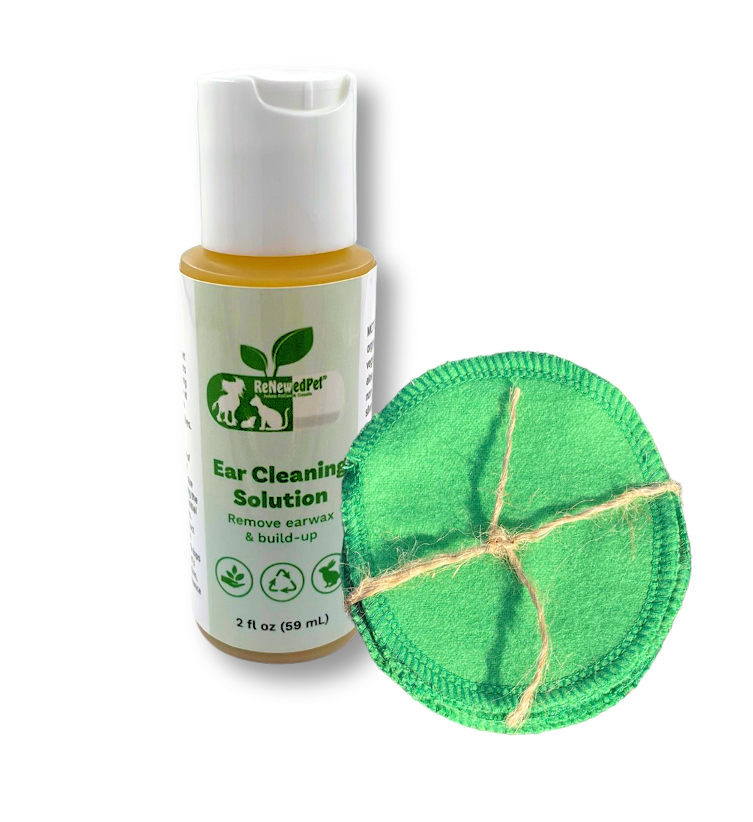 Amber pet ear cleaning solution bottle, 2 fl oz (59 mL), with green cleaning pad