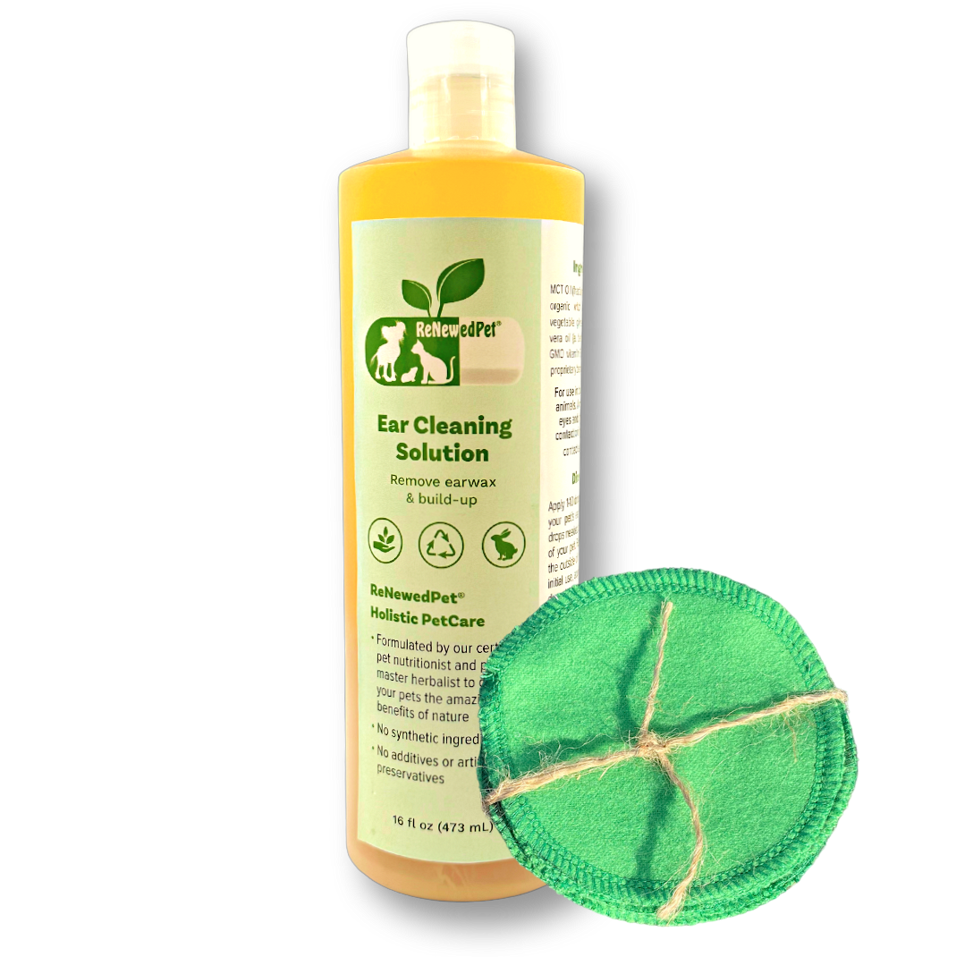 Amber pet ear cleaning solution bottle, 16 fl oz (473 mL), with green cleaning pad