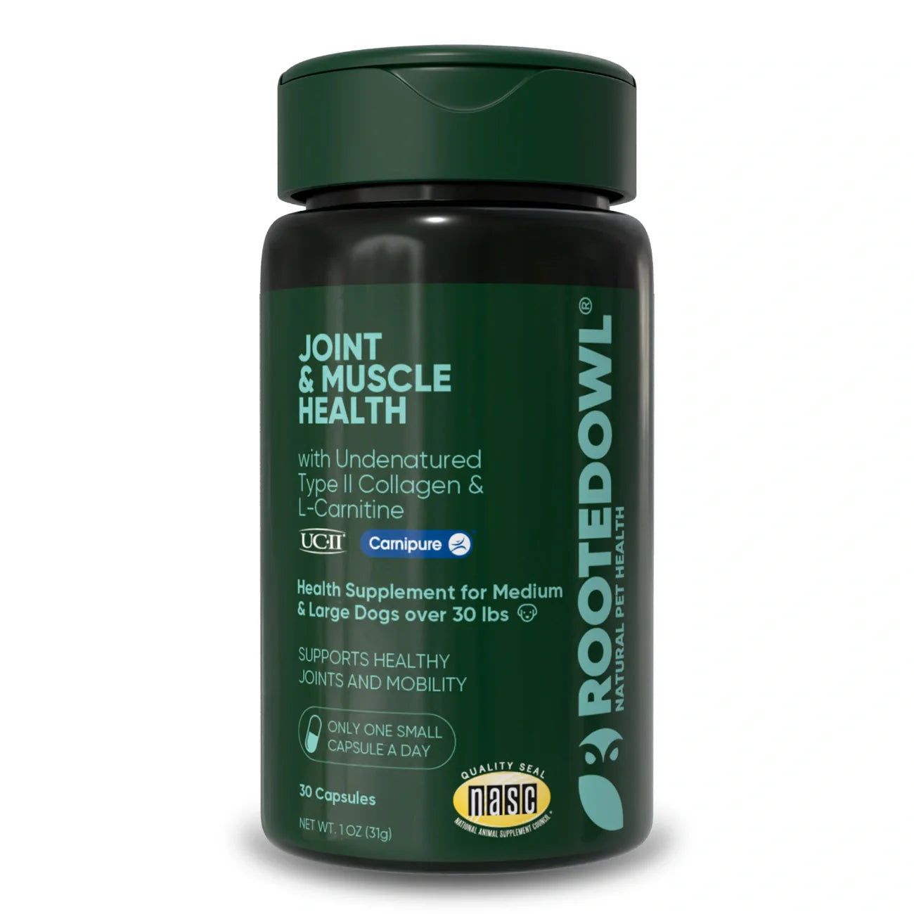 Pet joint & muscle health supplement bottle, dark green with black cap and label