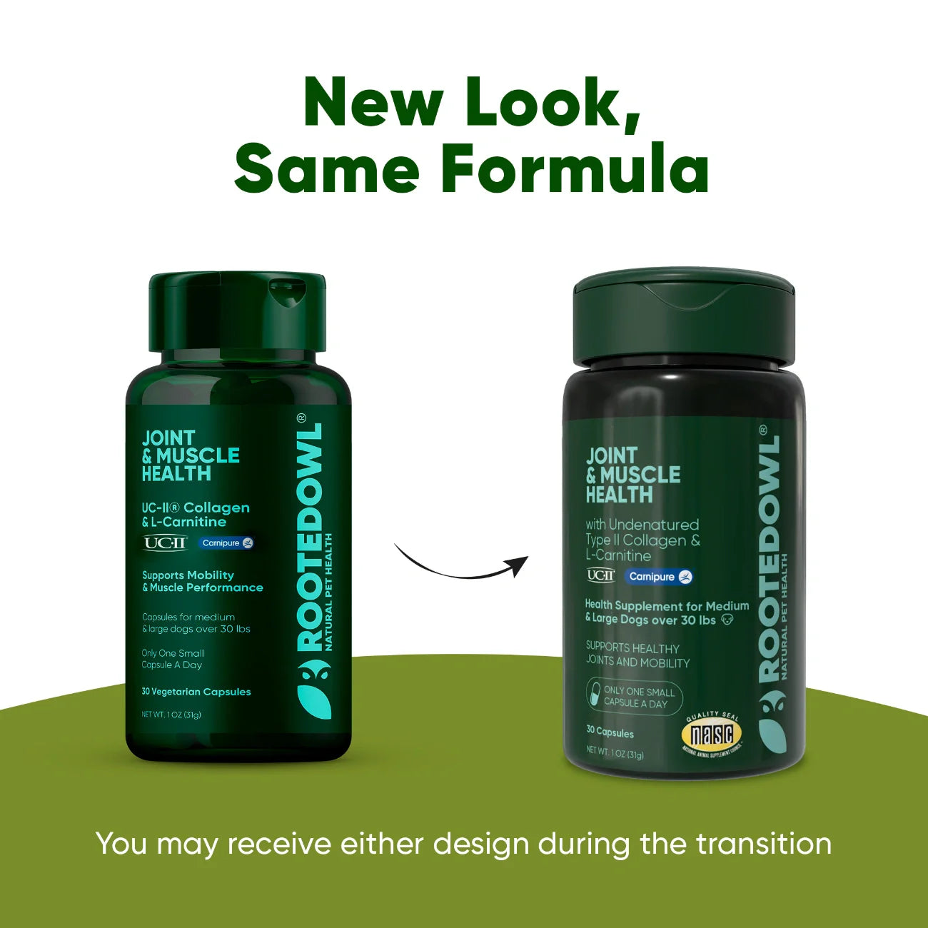 Two dark green supplement bottles labeled Joint & Muscle Health with transition arrow