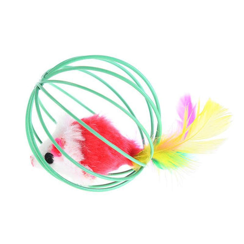 Cat feather ball toy with mint-green coiled track and rainbow feather