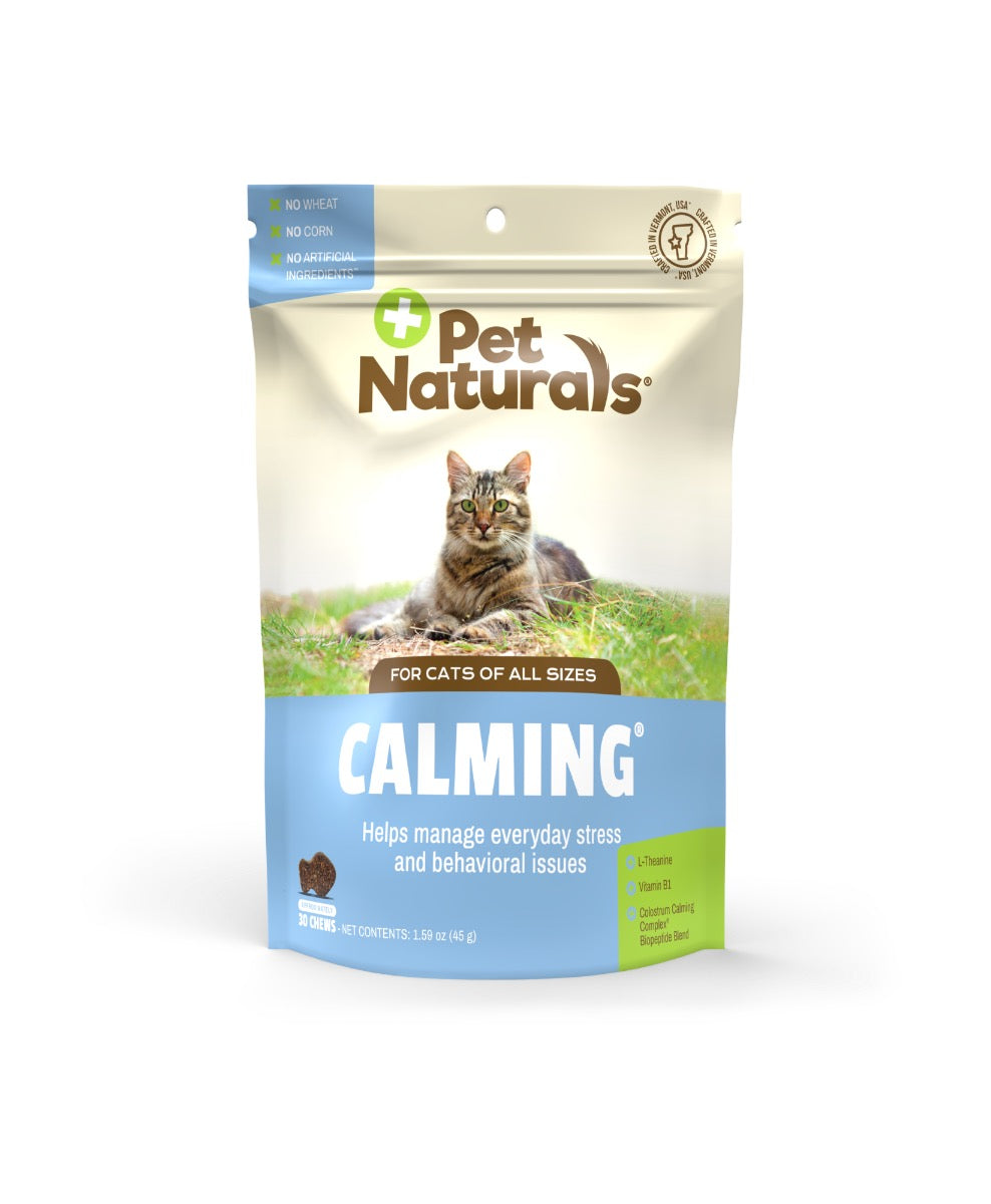 Pet Naturals calming chews for cats pouch, blue-and-white bag with cat illustration
