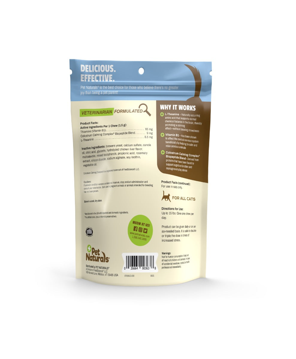 Pet Naturals calming chews for cats pouch back, printed supplement facts and directions