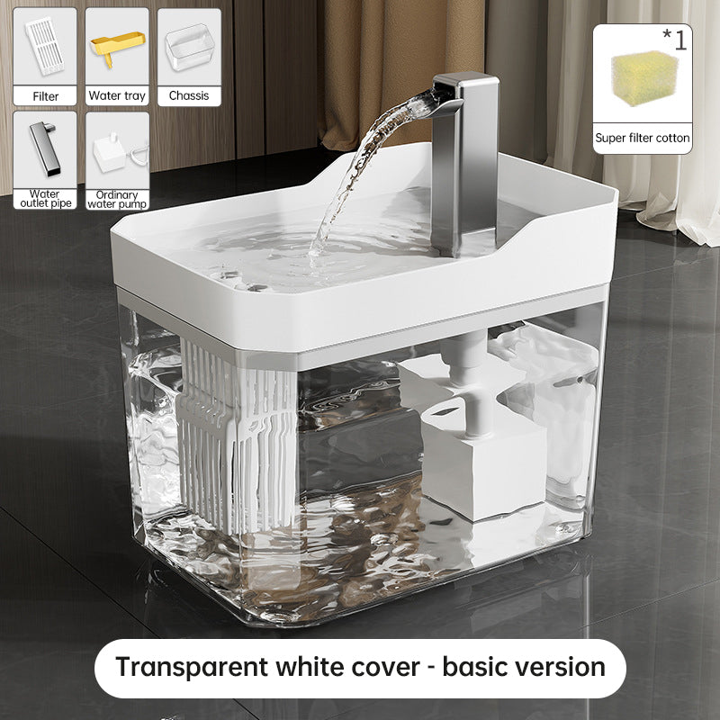 Filtered cat water fountain with transparent white cover and chrome drinking spout