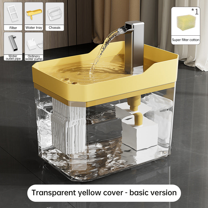 Filtered cat water fountain with transparent yellow cover and chrome drinking spout