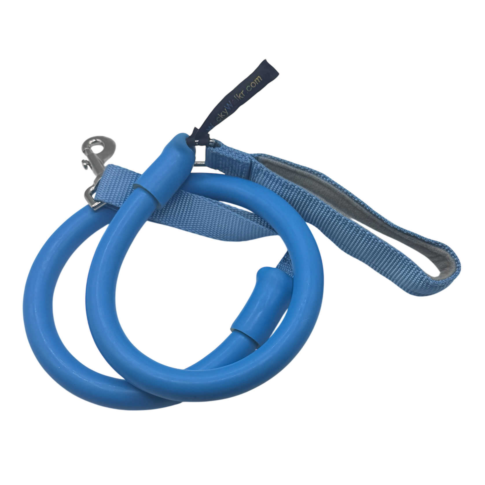 No-pull dog leash in blue with looped bungee line and wrist strap