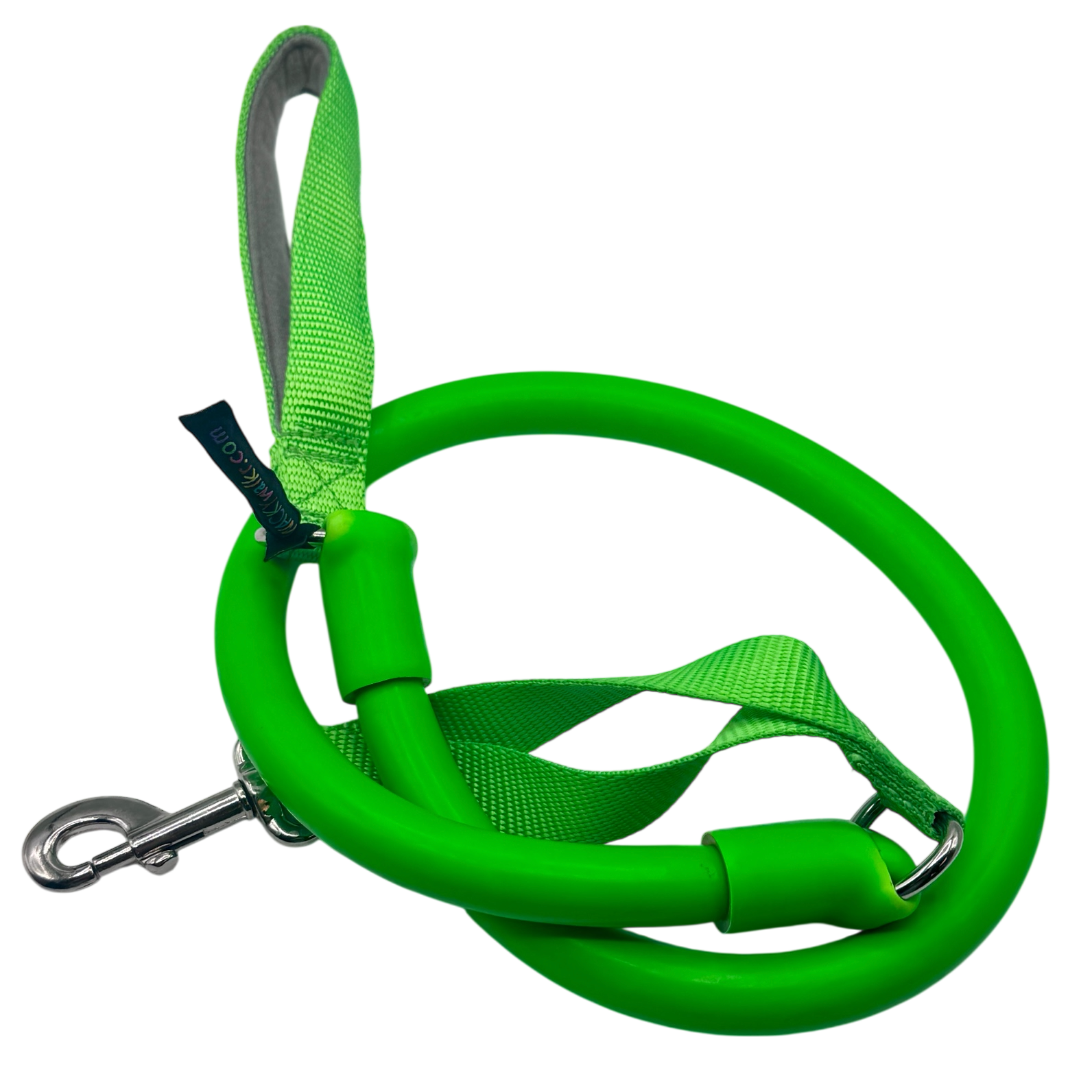 Green no-pull dog leash with padded strap and metal snap clips
