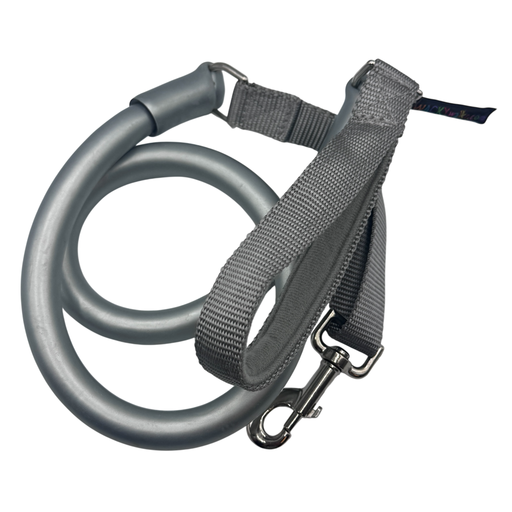 Gray no-pull dog leash with padded chest strap and metal rings