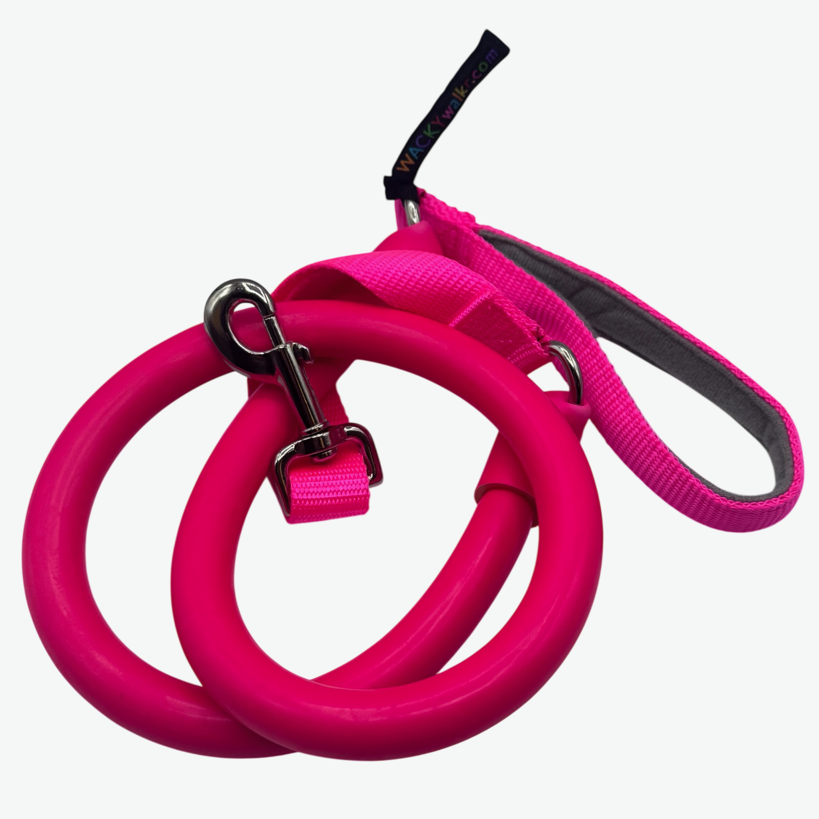 Pink no-pull dog leash with padded strap and metal snap clips