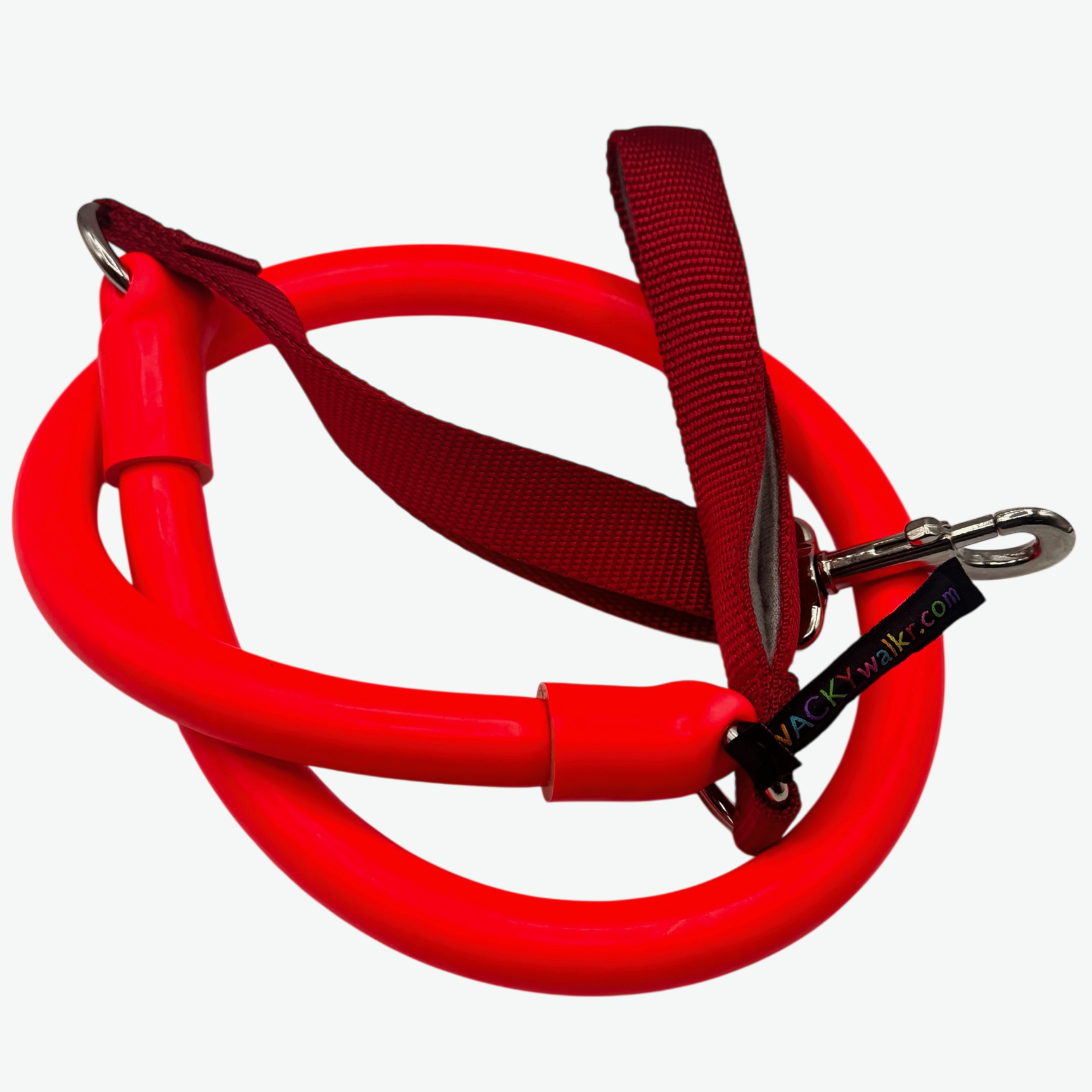 Red no-pull dog leash with dark padded strap and metal snap clips