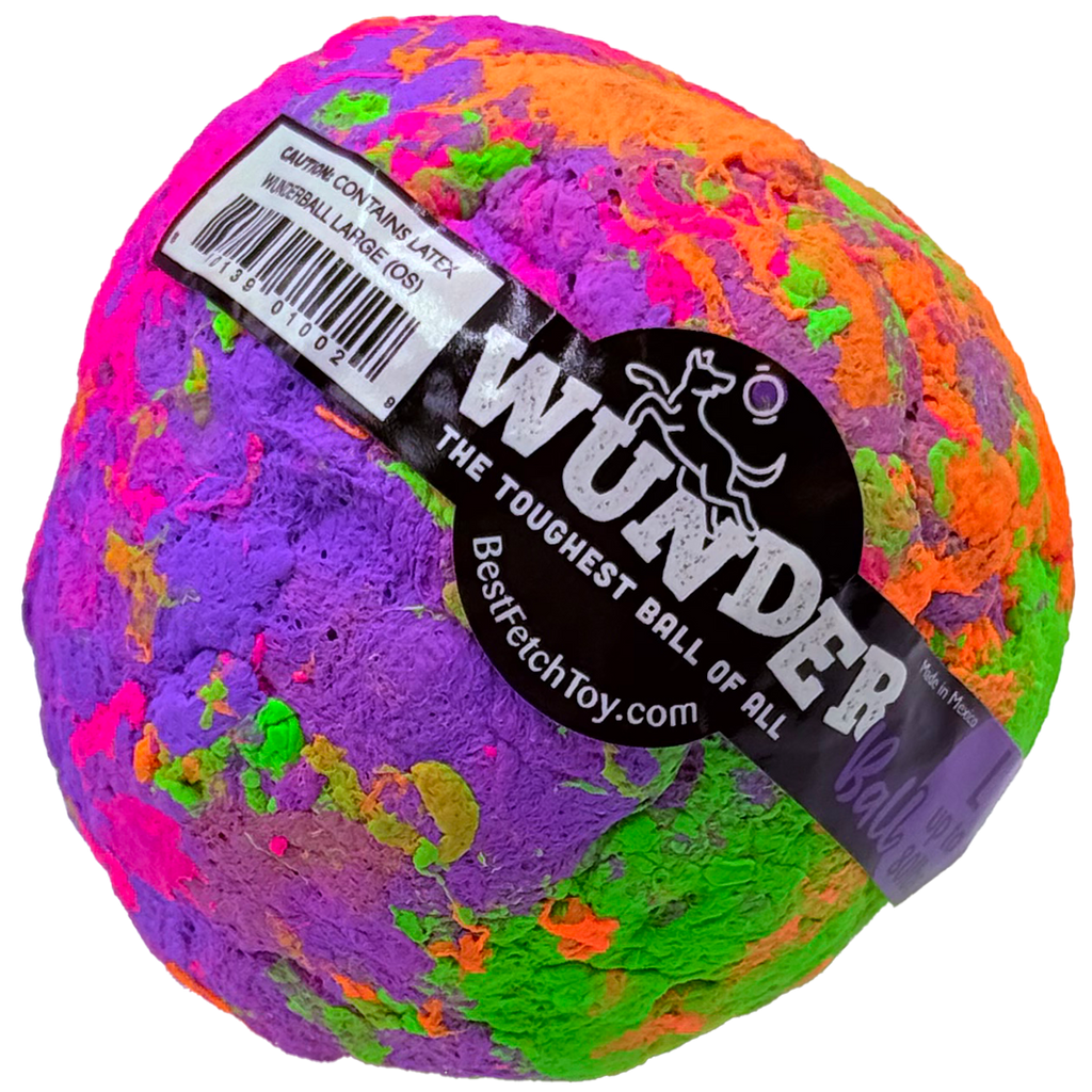 WUNDERball fetch ball, multicolor fuzzy texture with label on top and side seams