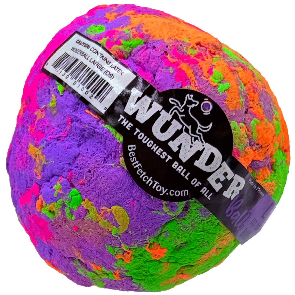 WUNDERball fetch ball, multicolor fuzzy texture with label on top and side seams