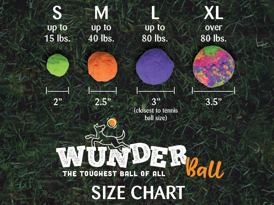 WUNDERball size chart diagram with four colored ball sizes and tennis-ball scale