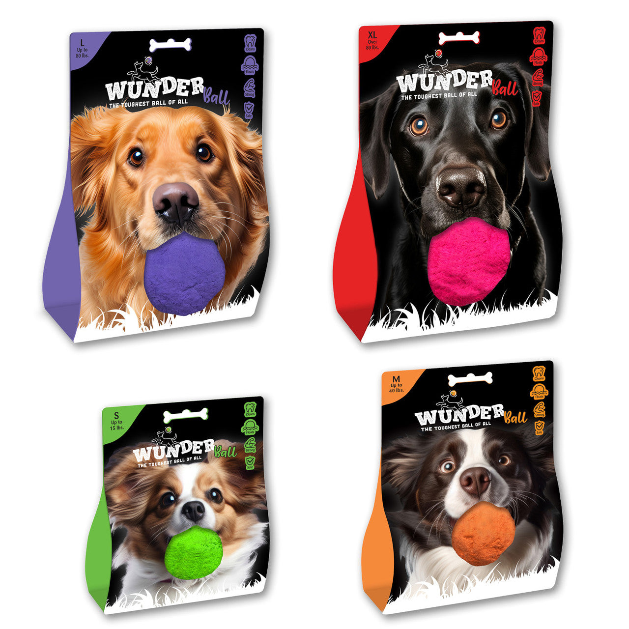 Packaged fetch toy balls in assorted colors with dog-themed labels, sizes S to XL