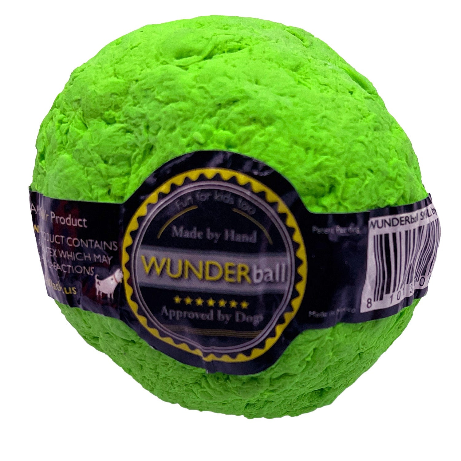 Green textured fetch ball with black label band and round approval badge