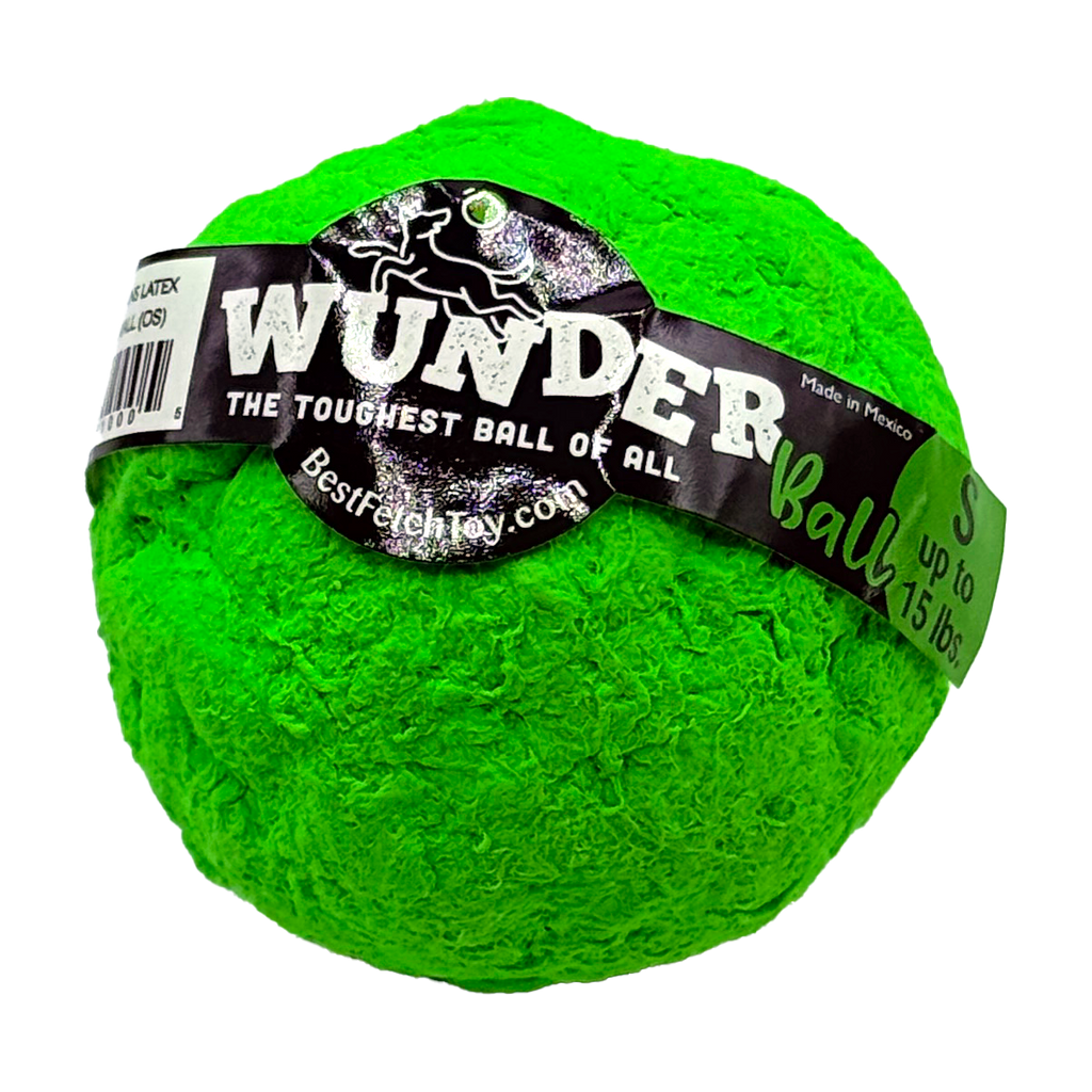 Green textured fetch ball with black label band and 'The toughest ball of all' text