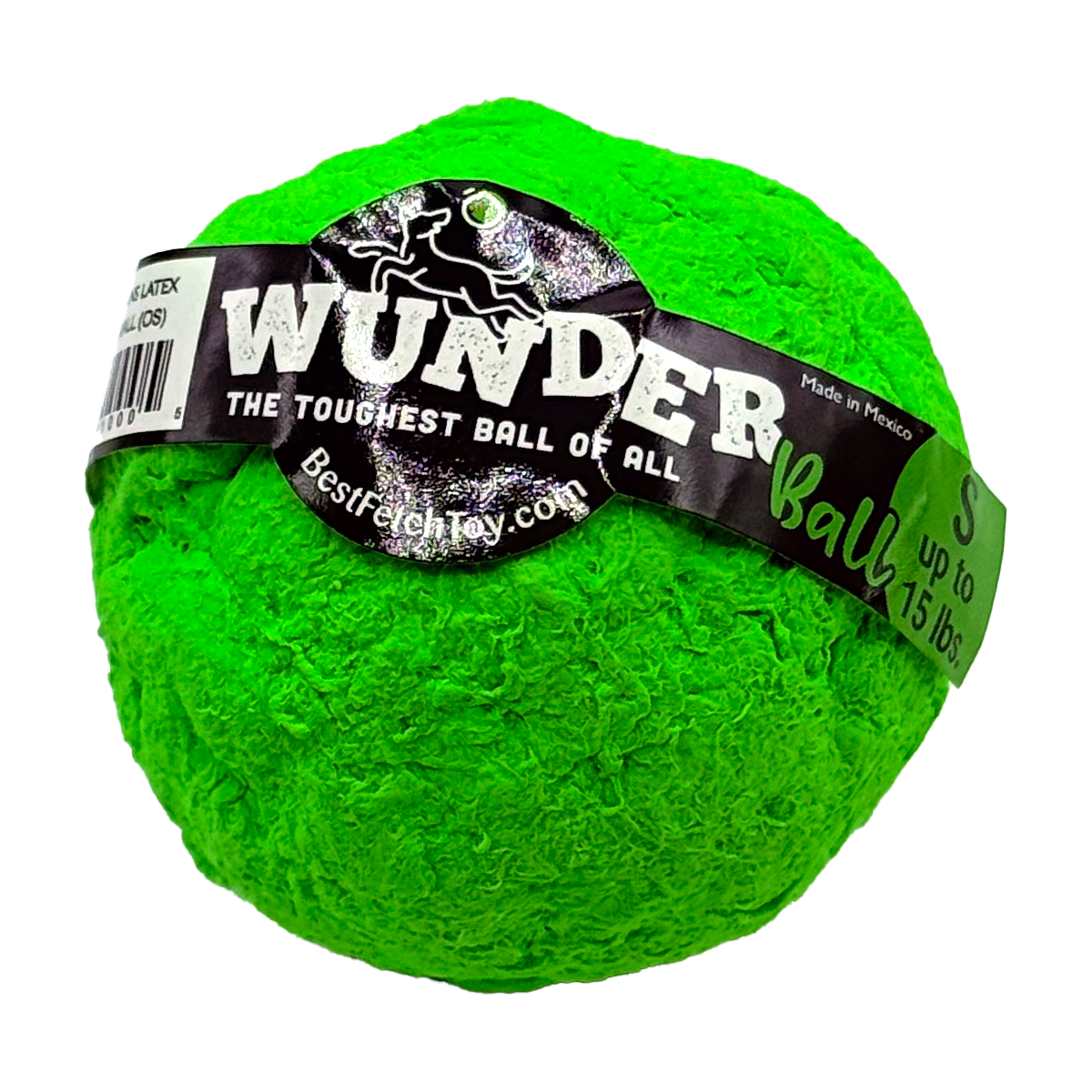 Green textured fetch ball with black label band and 'The toughest ball of all' text