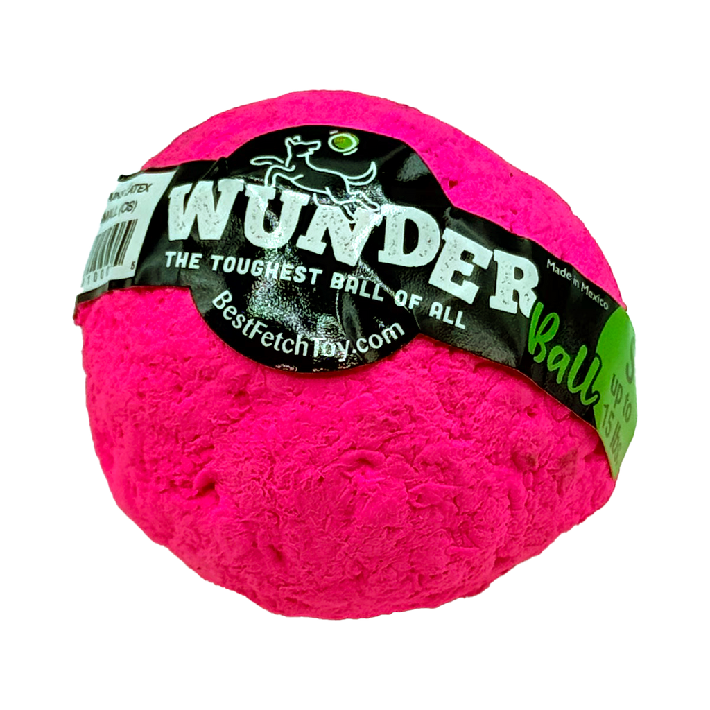Pink textured fetch ball with black label band and 'The toughest ball of all' text