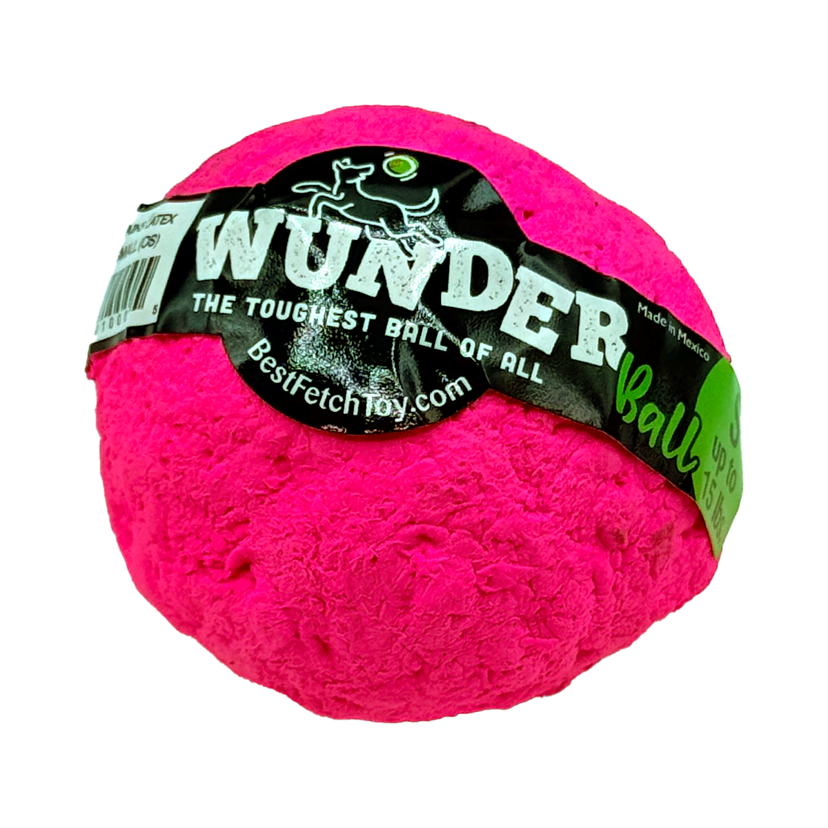 Pink textured fetch ball with black label band and 'The toughest ball of all' text