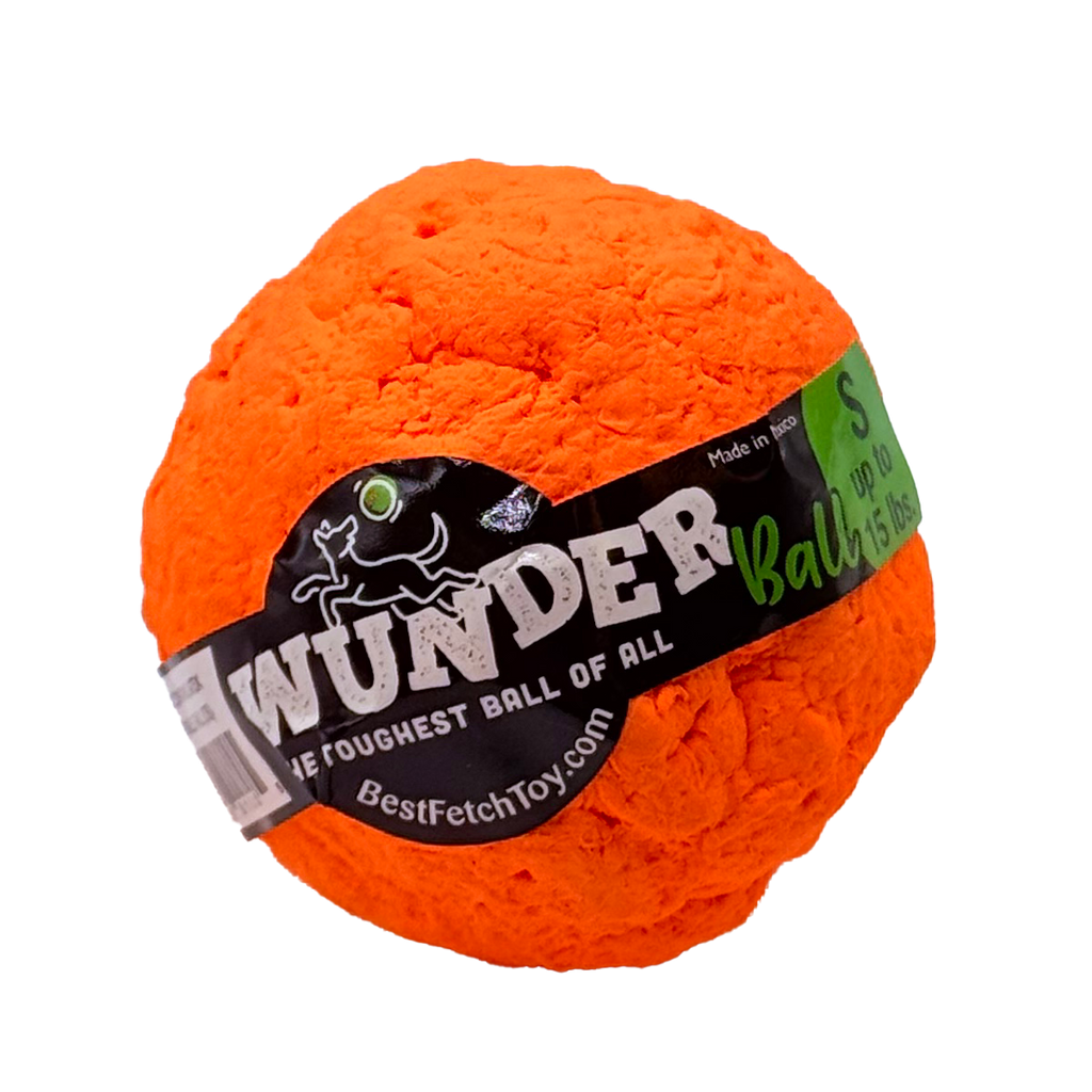 Orange textured fetch ball with black label band and 'The toughest ball of all' text